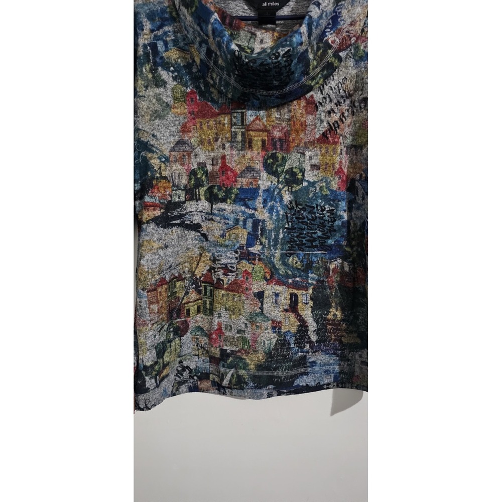 Ali Miles Abstract Village Brushed Knit Top Cowl Neck Sweater Sz Small‎ Pocket - Picture 3 of 10